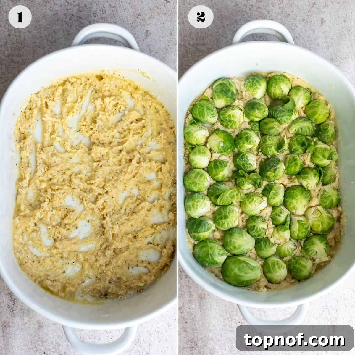 Crispy Parmesan Brussels Sprouts 4 Steps to make Parmesan Crusted Brussels Sprouts in a white baking dish, showing sprouts coated in the cheesy paste.