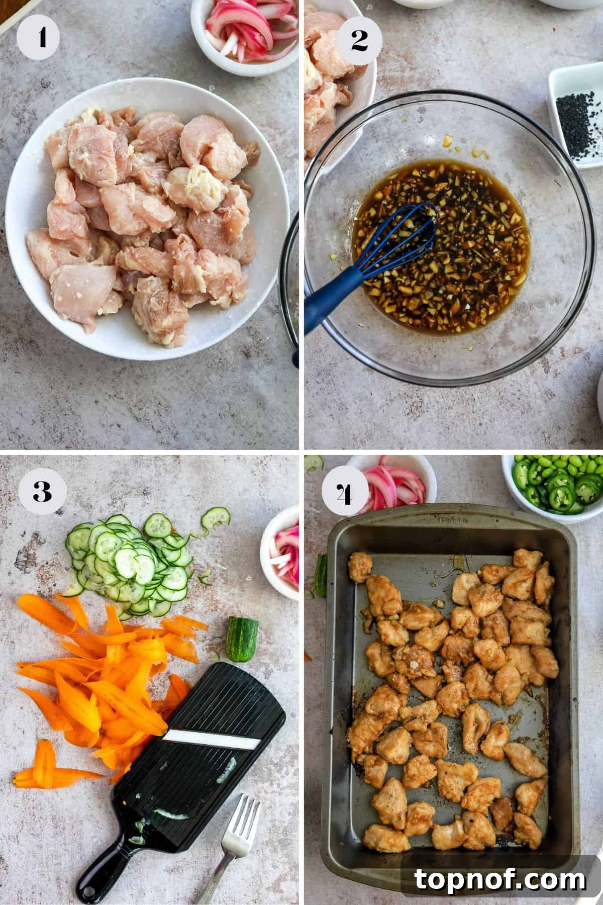 Fresh Chicken Poke Bowl 4 Individual ingredients for chicken poke bowls arranged in glass bowls and on a cutting board, illustrating the preparation steps.