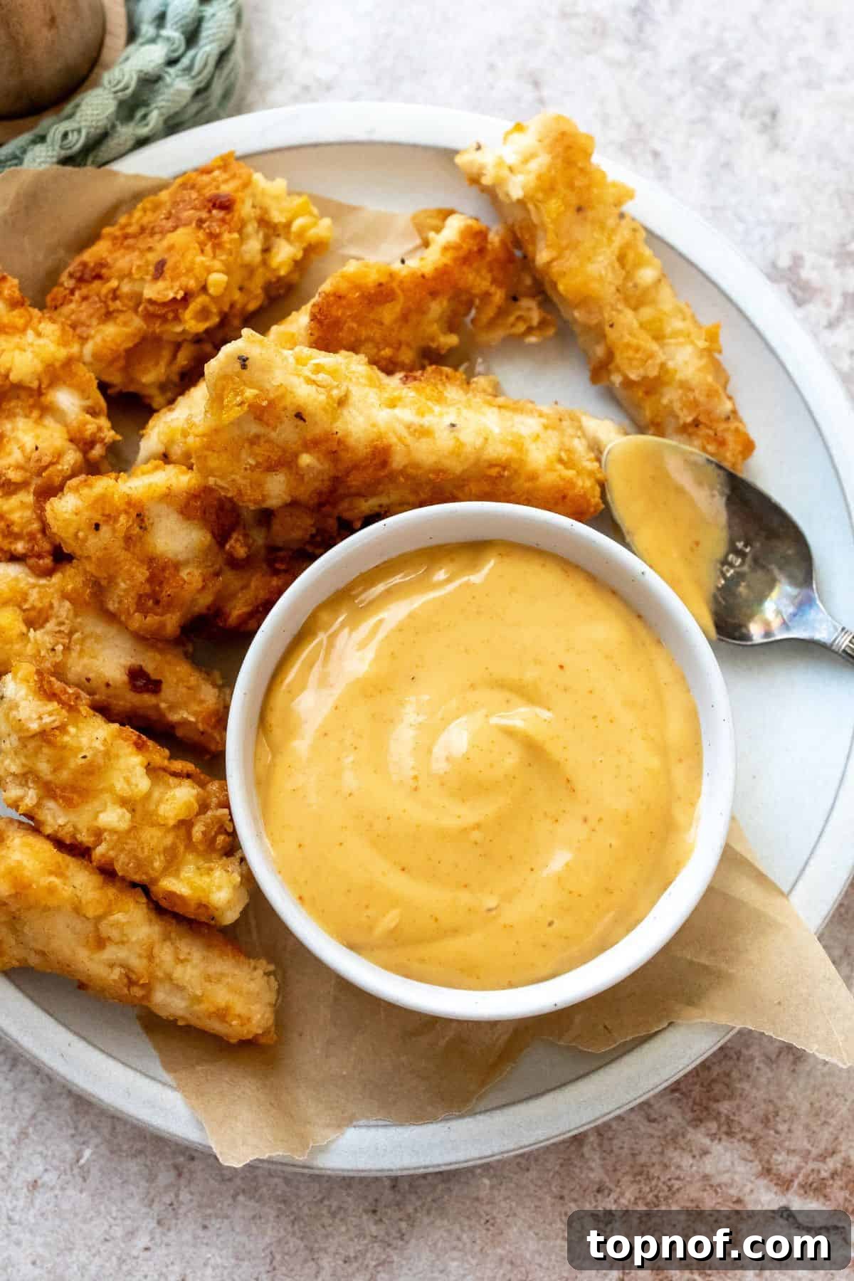 Hot Honey Mustard Sauce 2 A bowl of vibrant spicy honey mustard, garnished with a sprinkle of paprika, surrounded by crispy chicken tenders and fresh greens.