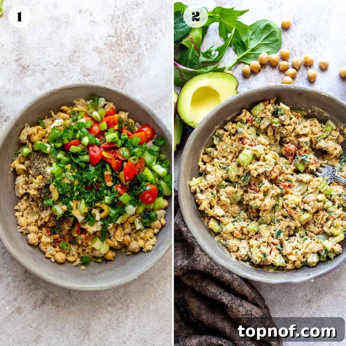 Step-by-step imagery showing chickpeas being mashed in a grey pottery bowl, followed by adding other ingredients for the salad.