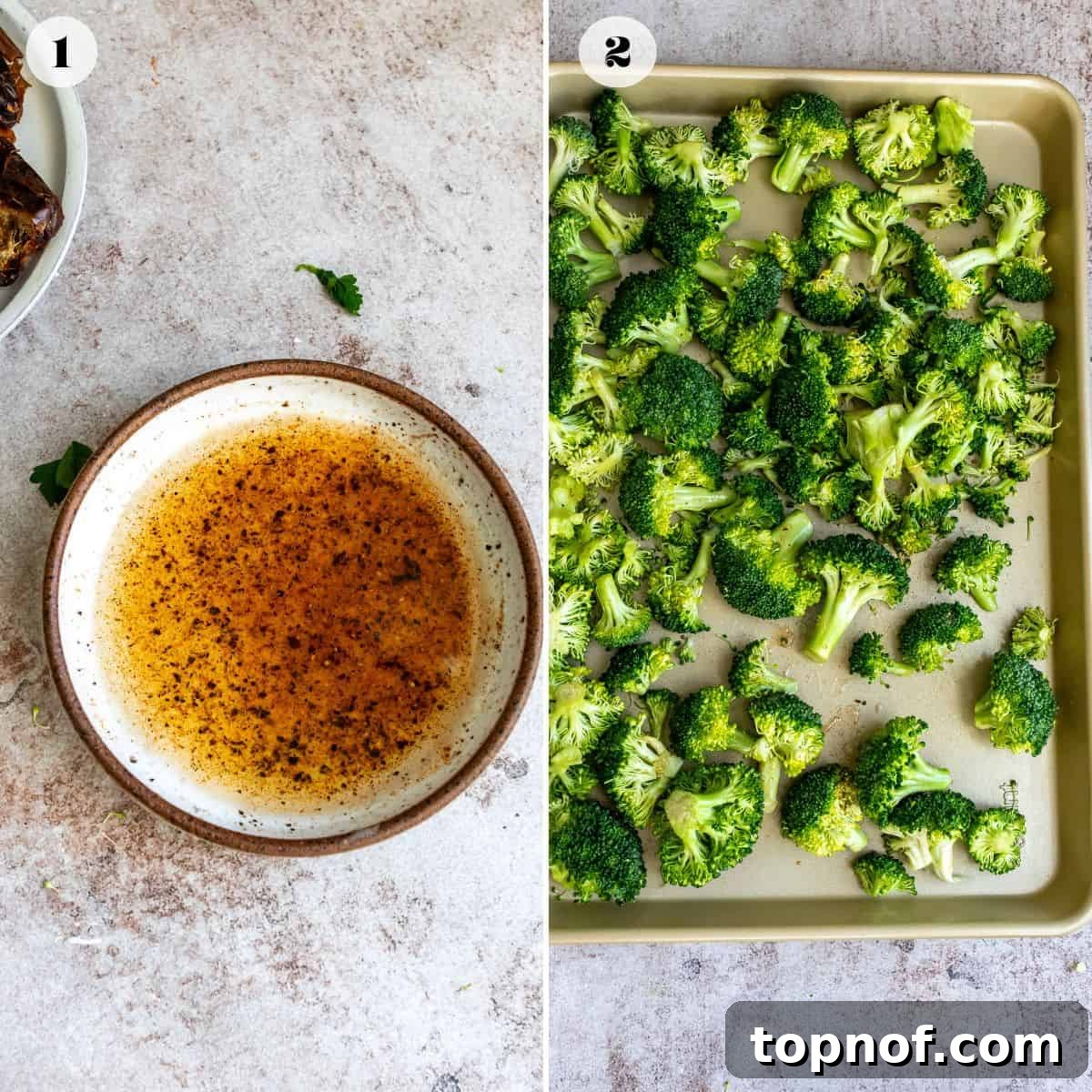 Broccoli florets tossed with seasoning in a white ceramic bowl, and another batch spread on a baking sheet, ready for the oven.