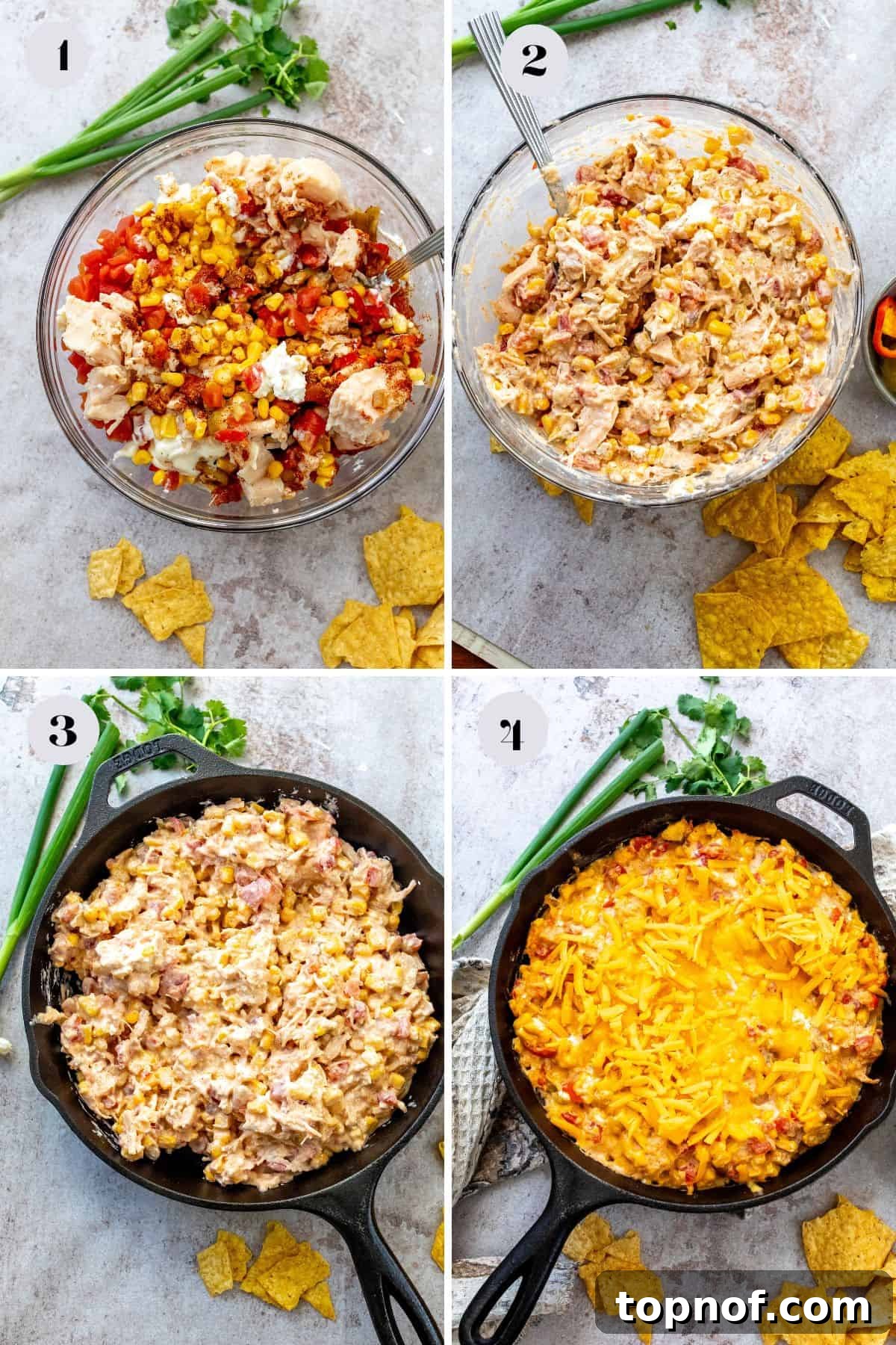 Golden Creamy Corn Delight 4 Glass mixing bowls with a silver spoon showing how to make this recipe.