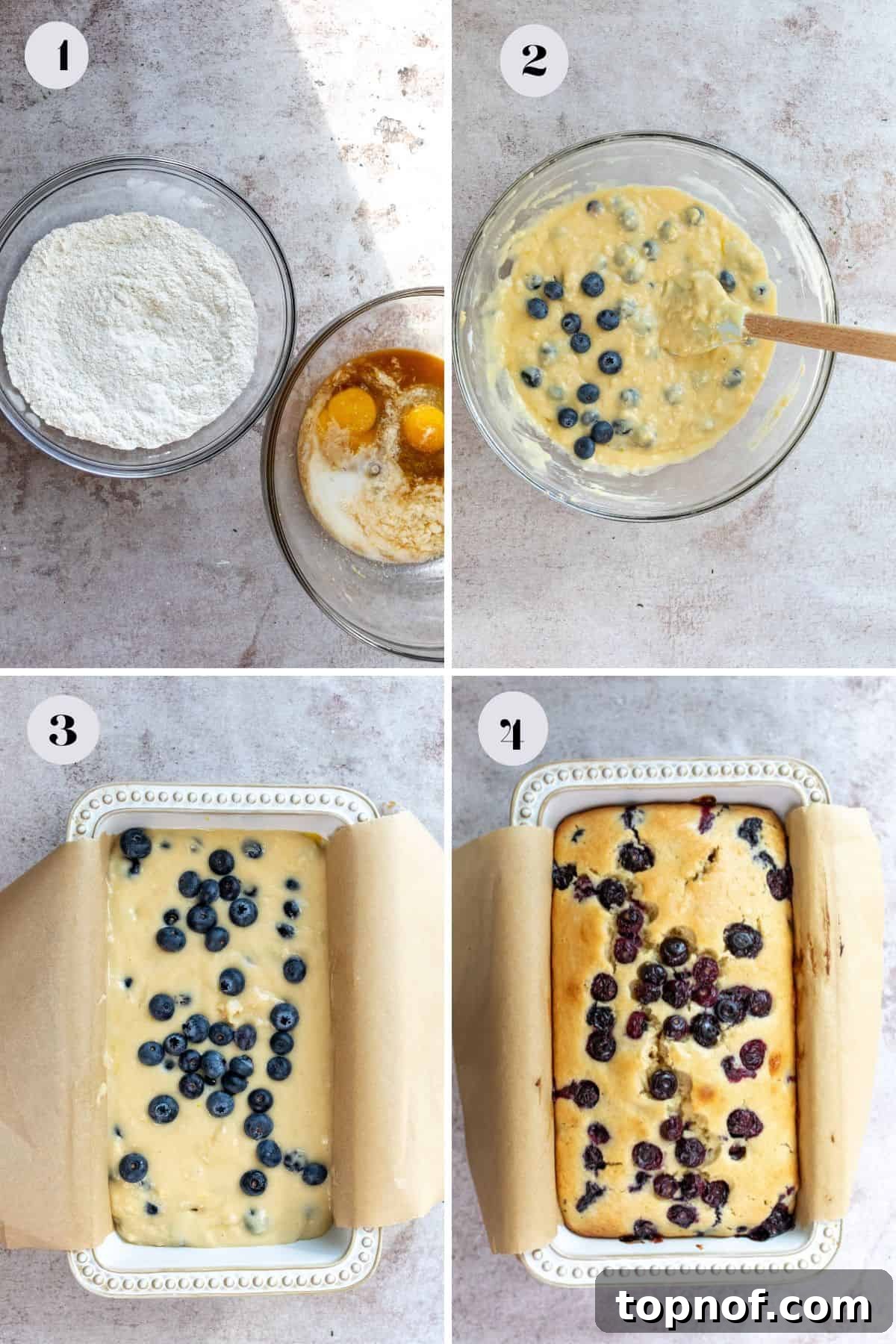 Zesty Lemon Blueberry Morning Loaf 3 Several glass mixing bowls with ingredients being prepared for Lemon Blueberry Bread, showing the steps in progress.