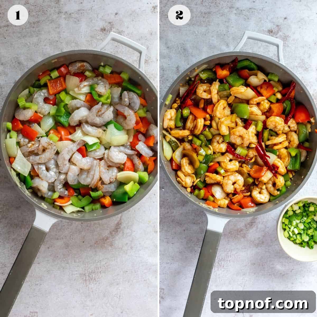 Spicy Szechuan Kung Pao Shrimp 4 Large skillet full of shrimp and veggies, a wooden spoon and sauce.