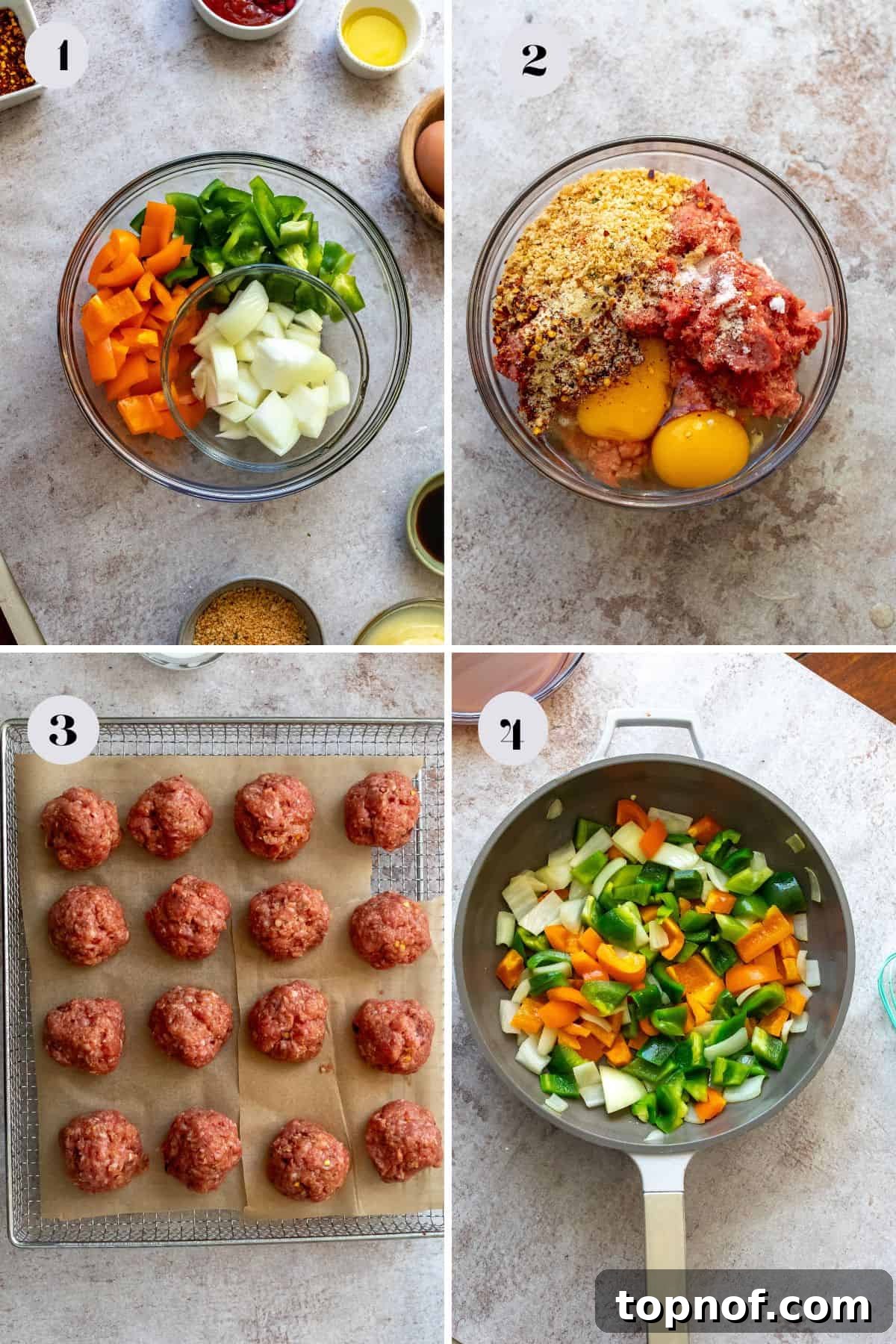 Zesty Meatball Bites 4 Three glass mixing bowls showing the preparation steps for sweet and sour meatballs: one with meatball mixture, one with sauce ingredients, and a skillet with sautéed vegetables.