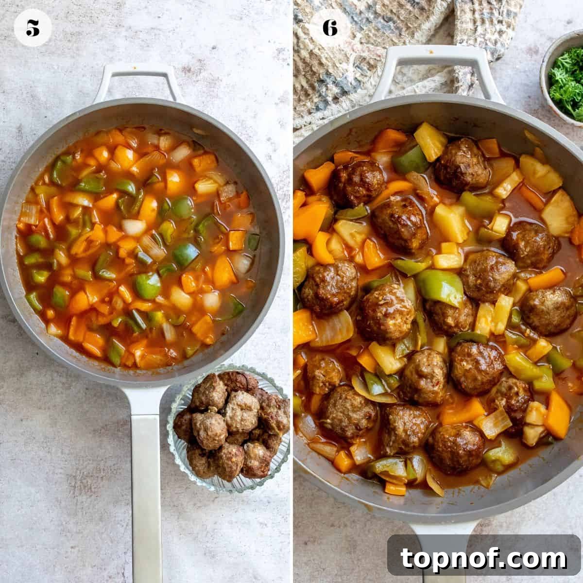 Zesty Meatball Bites 5 A grey skillet filled with glossy sweet and sour sauce, bell peppers, onions, and cooked meatballs, ready to be served.