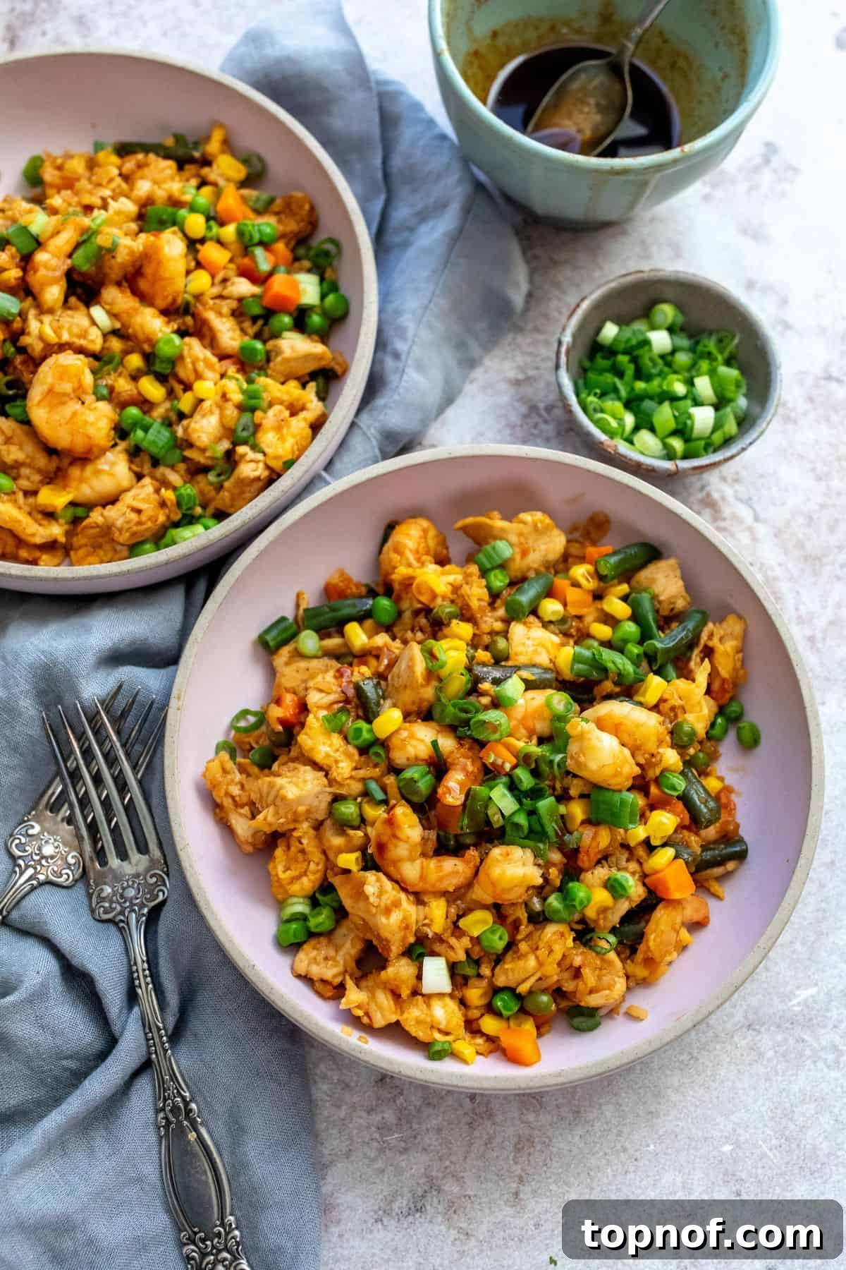 A vibrant bowl of homemade chicken and shrimp fried rice, garnished with fresh green onions and sesame seeds.