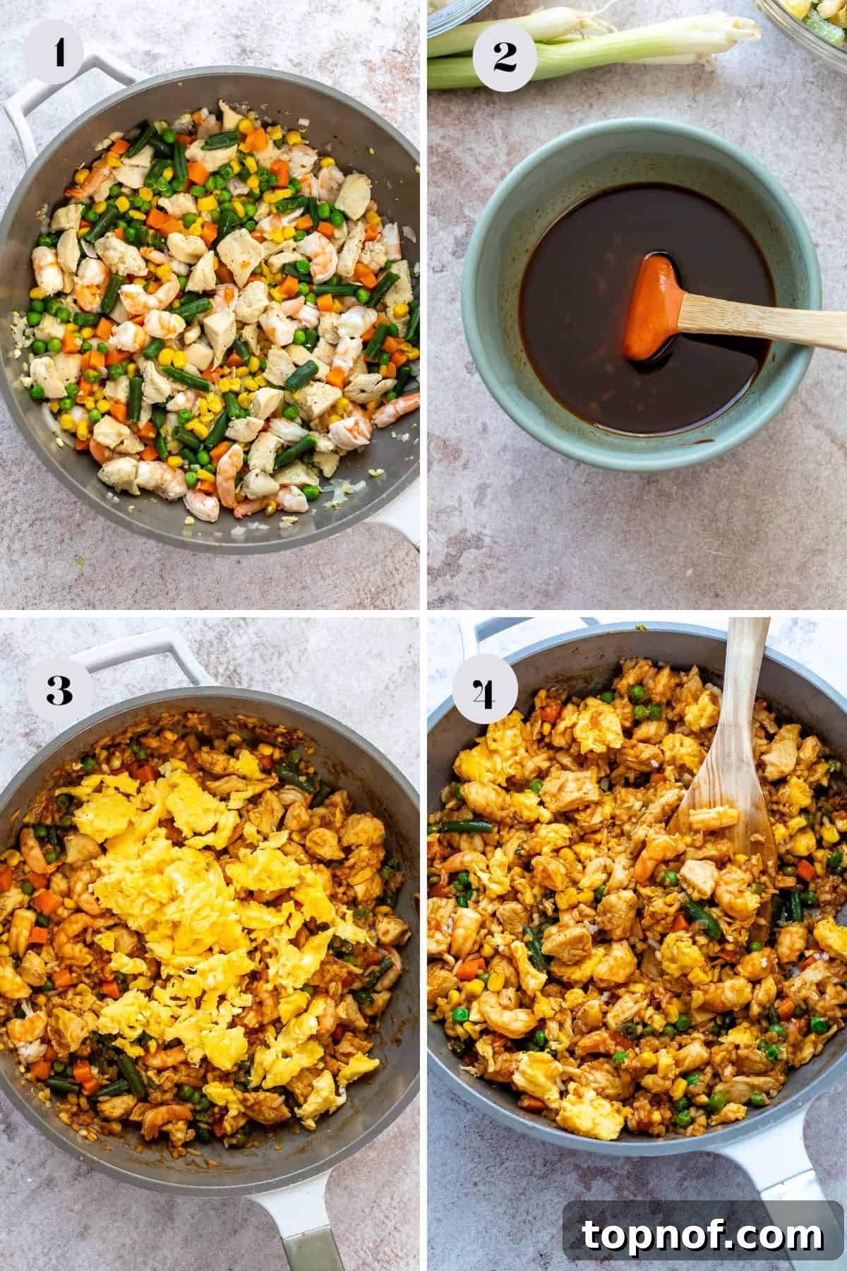 Steps to make this recipe in a pan with a wooden spatula, showing chicken and vegetables cooking.