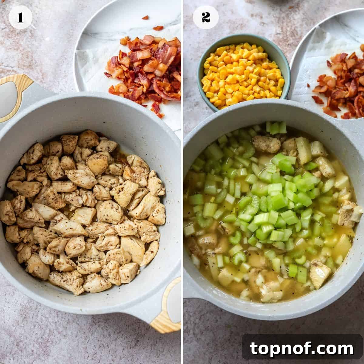 Golden Chicken Corn Chowder 4 Steps to make this recipe in a grey soup pot with ingredients to the side.