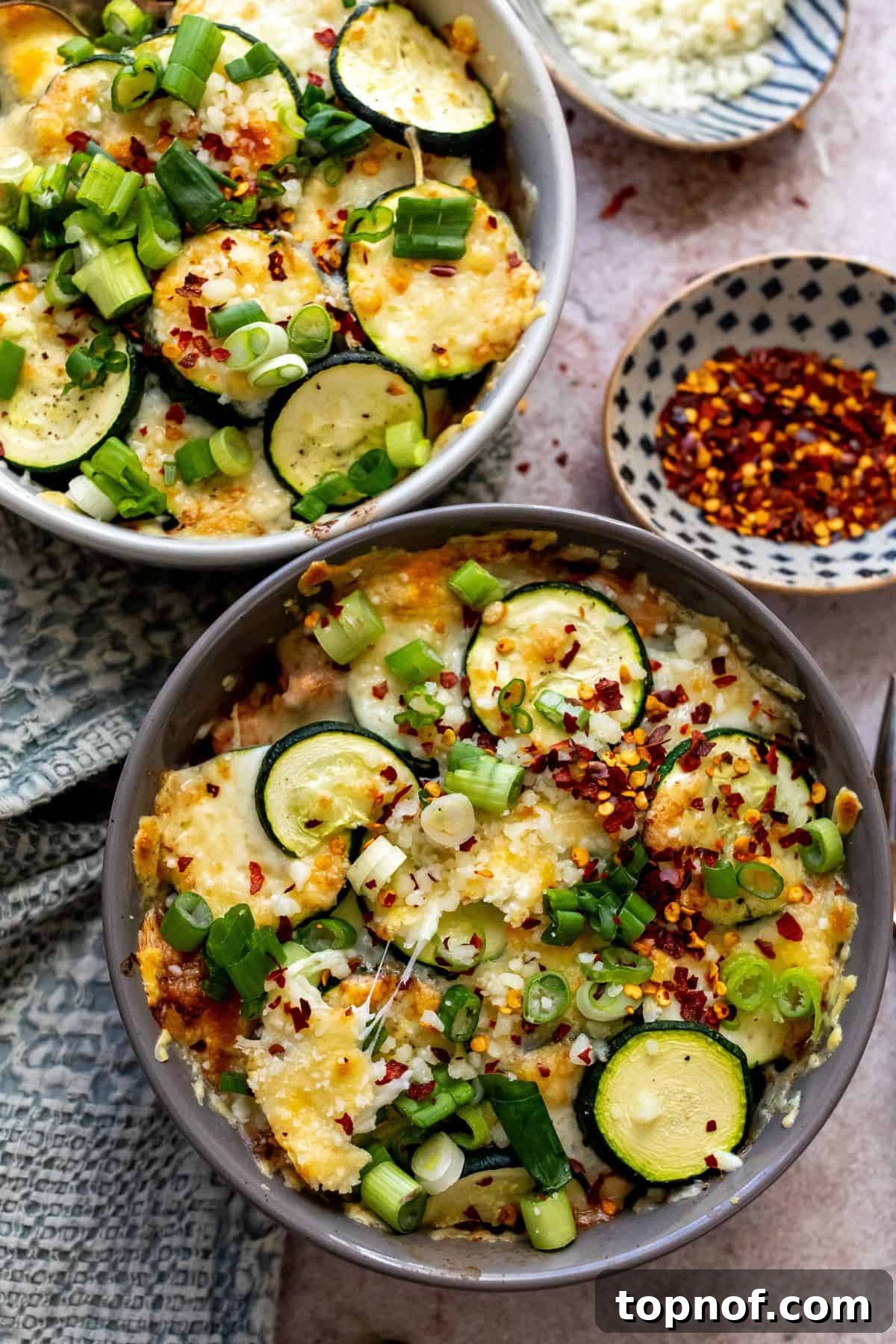 Keto Friendly Zucchini Bake 2 Two oven-safe bowls filled with golden-brown Zucchini Bake, topped with melted, bubbling cheese and a sprinkle of fresh herbs. A side of red pepper flakes adds a vibrant touch, hinting at optional heat.