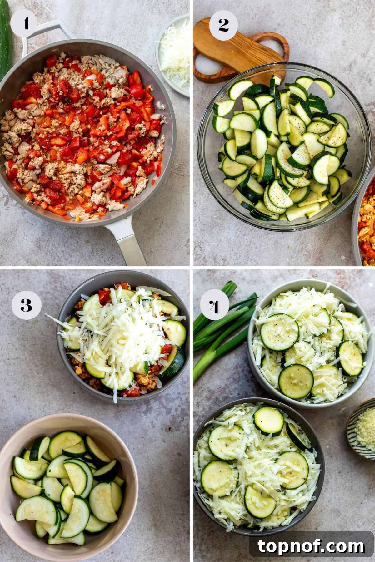 Keto Friendly Zucchini Bake 4 Step-by-step images showing zucchini being sliced on a cutting board, then ground chicken browning in a large skillet, illustrating the initial stages of preparing the Zucchini Bake.