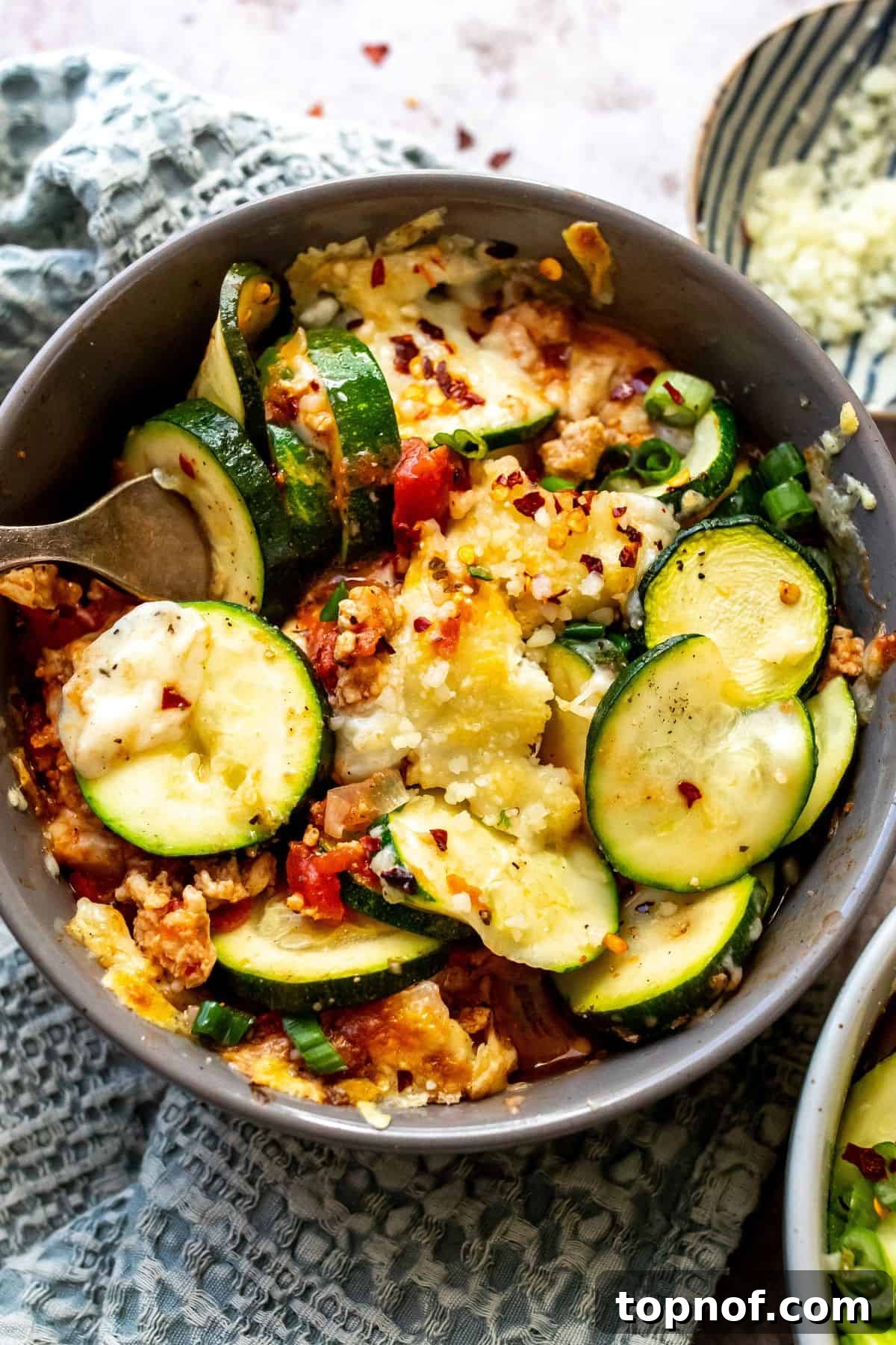 Keto Friendly Zucchini Bake 5 Close-up of a bubbling, cheesy Zucchini Bake in an oven-safe bowl, freshly baked and garnished with red pepper flakes and green onions, ready to be served.