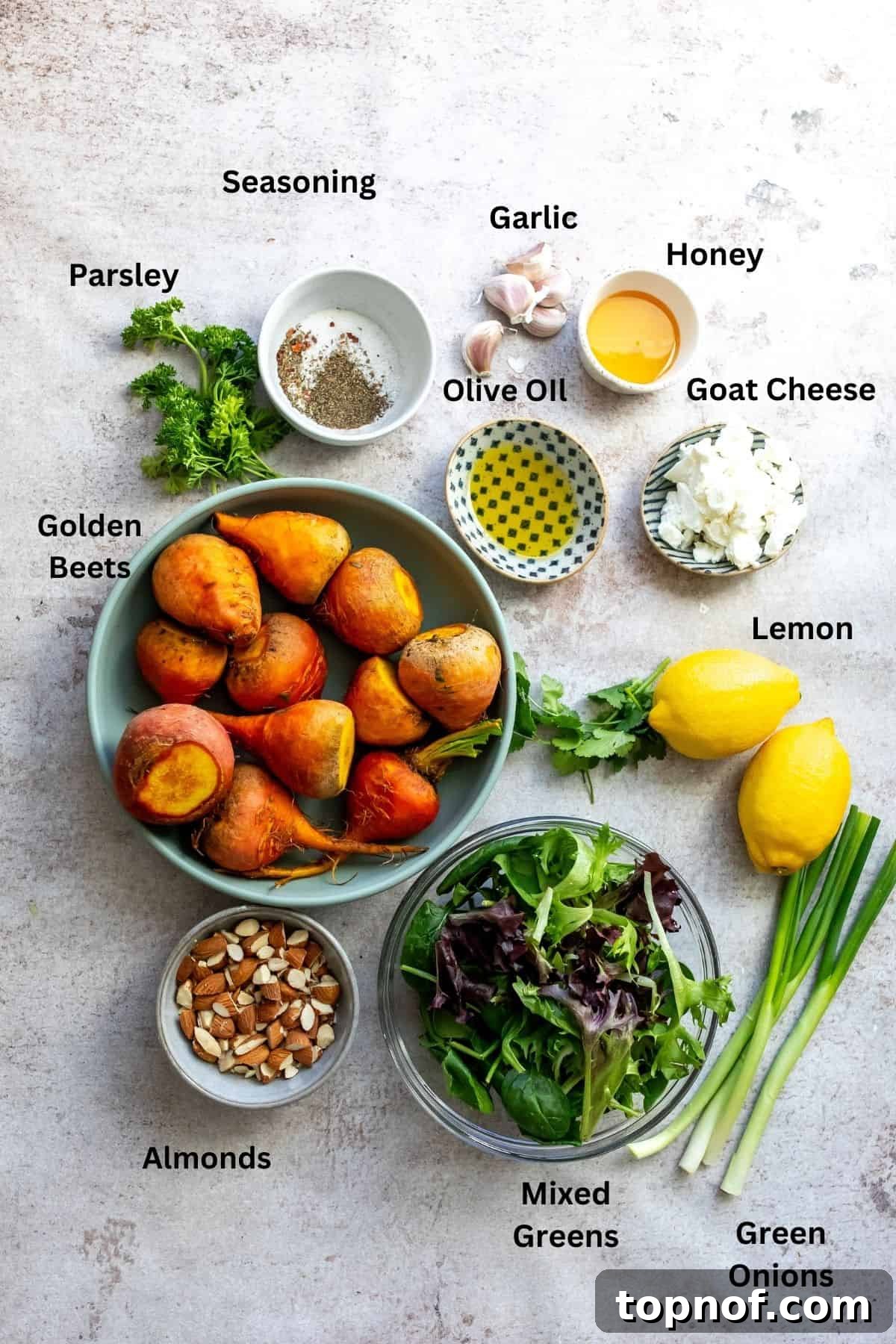 Golden Roasted Beets Perfection 3 Ingredients to make roasted golden beets laid out on a kitchen counter in small bowls.