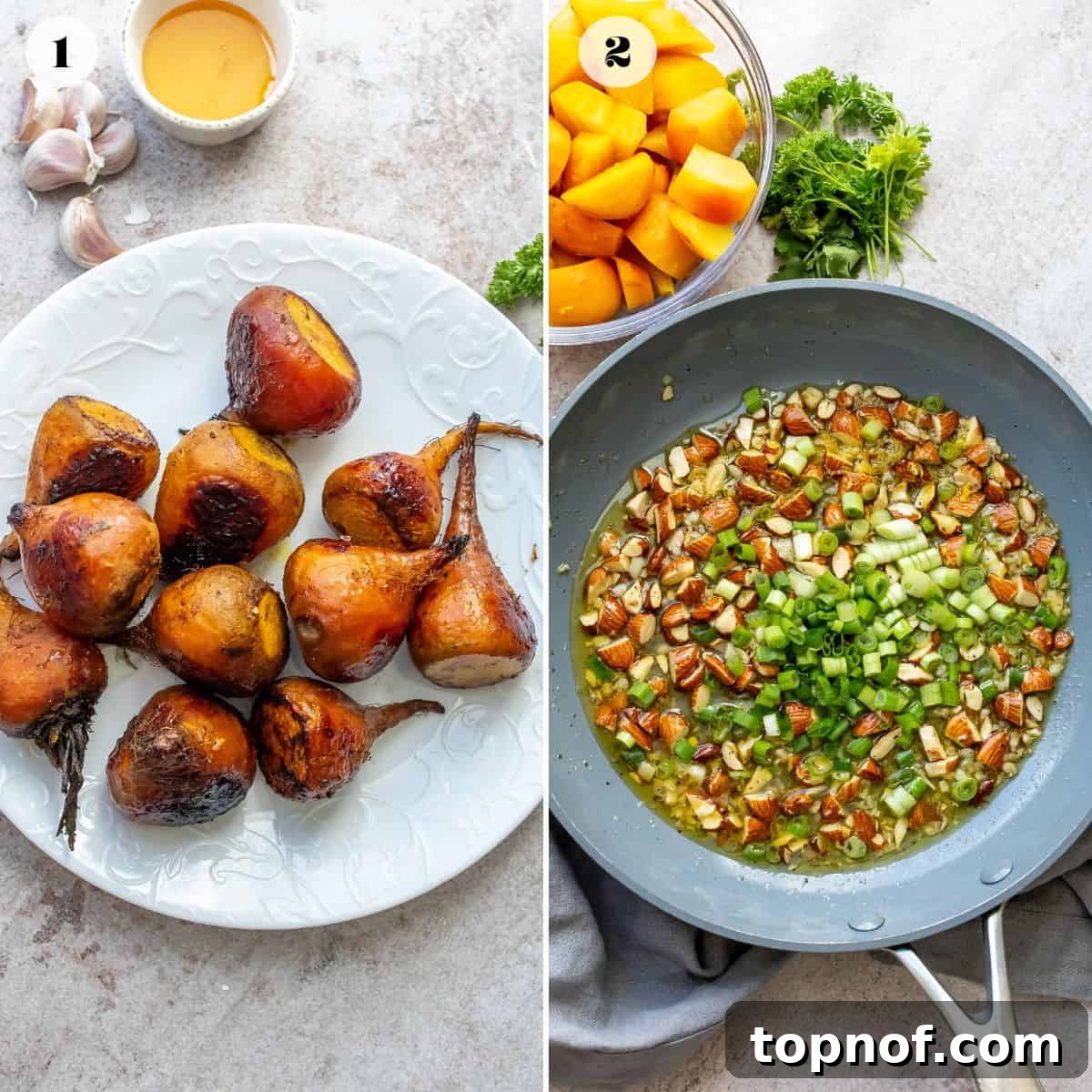 Golden Roasted Beets Perfection 4 Process shots of roasted golden beets, including ingredients for the dressing in a skillet.