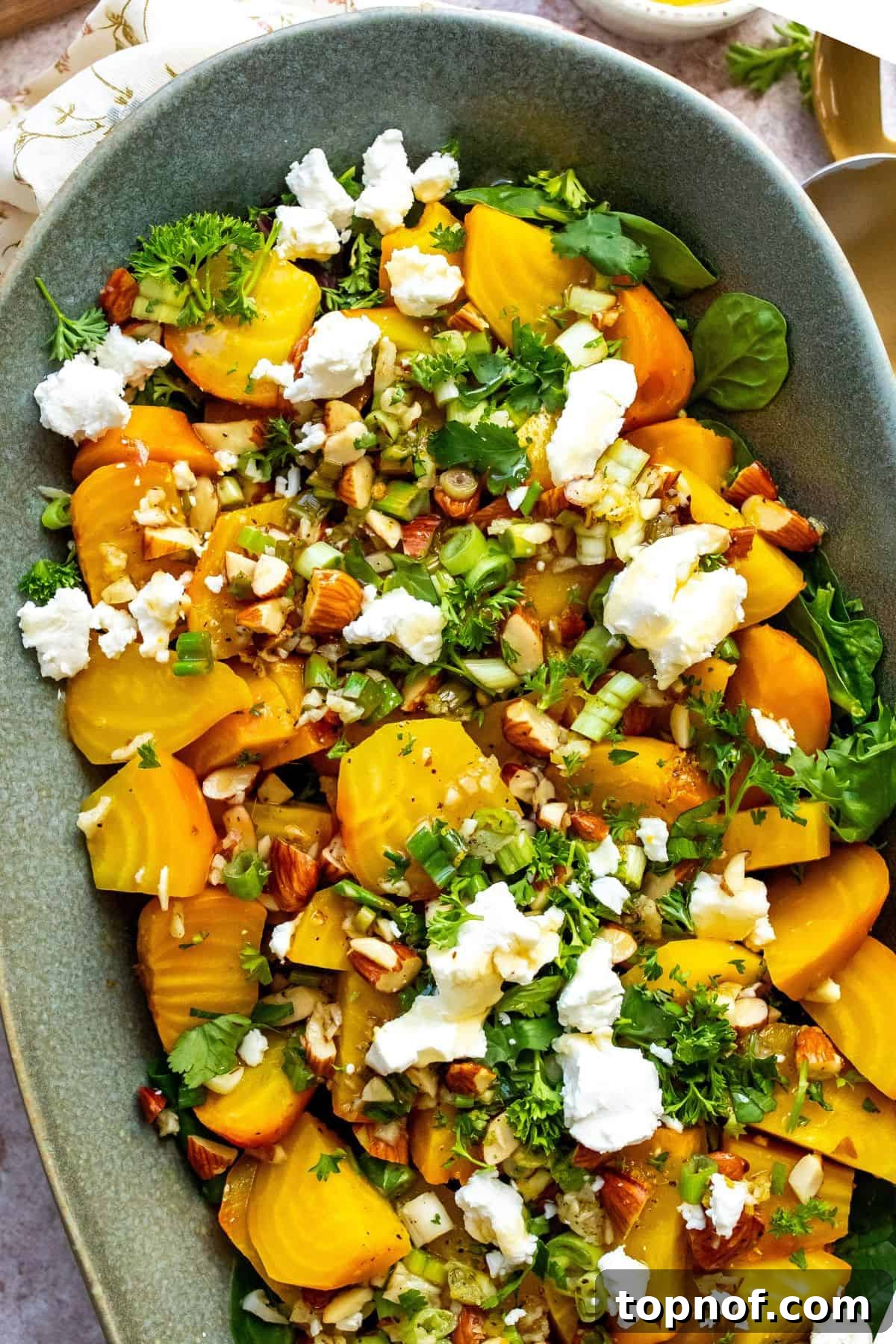 Golden Roasted Beets Perfection 5 Roasted Golden Beets assembled on a green serving plate with toppings and dressing.