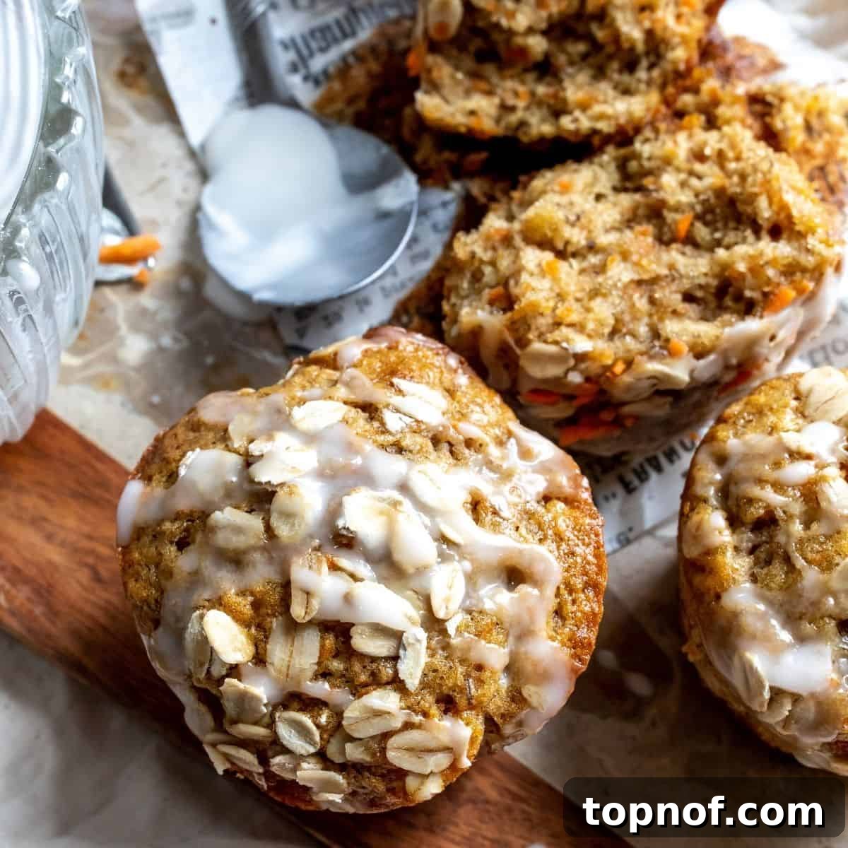 Fluffy Carrot Cake Muffins baked with banana, showcasing a moist texture. These muffins are dairy-free and perfect for breakfast.
