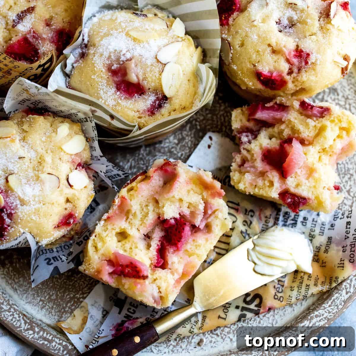 Freshly baked Strawberry Yogurt Muffins arranged on a plate with butter and sliced strawberries, ready to be enjoyed.