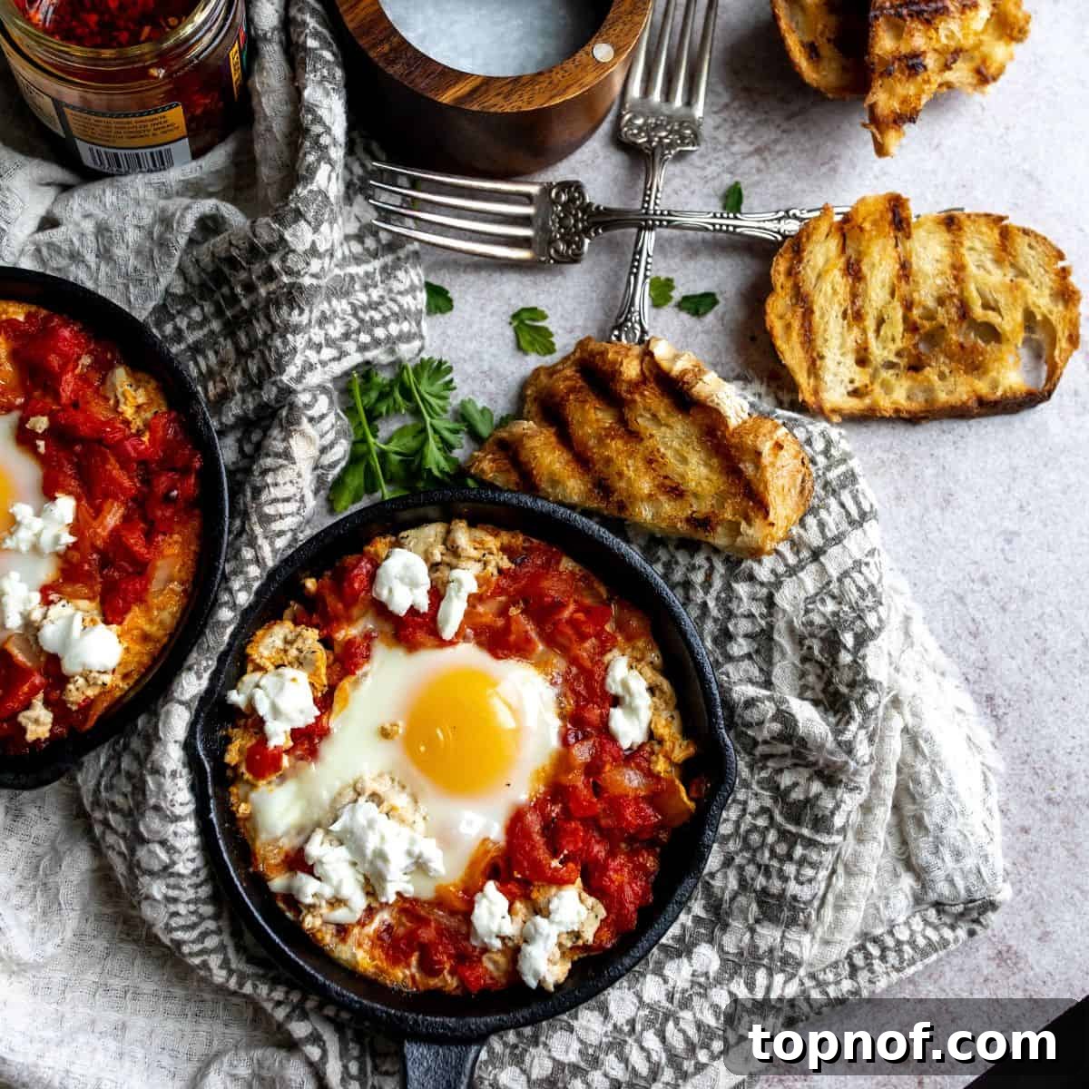 A vibrant dish of Shakshuka with Feta, featuring roasted red peppers, seasoned tomatoes, and crumbled feta cheese, perfect for a flavorful breakfast.