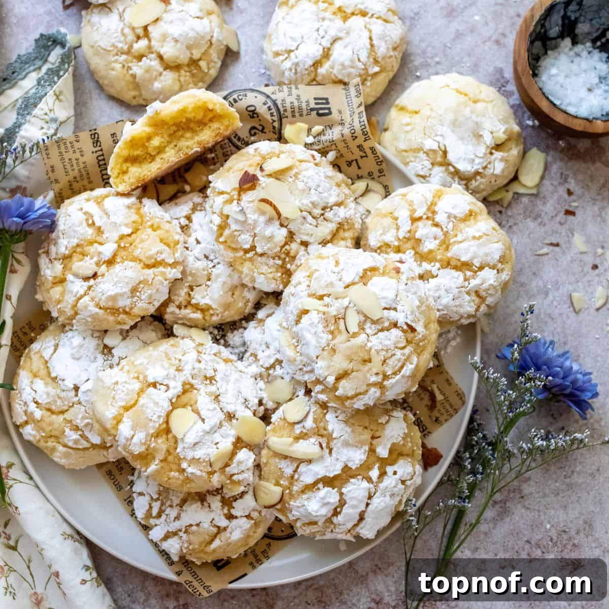 Soft and chewy Almond Lemon Crinkle Cookies with delicate crinkles, arranged on a white plate, showcasing their inviting texture.
