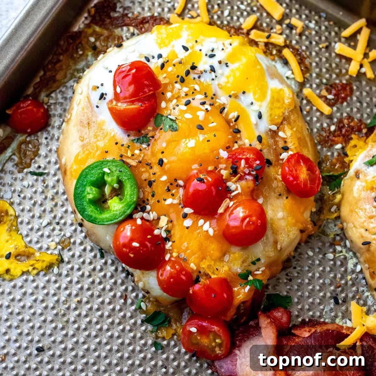 A sheet pan with Baked Egg In A Hole, where eggs are cooked perfectly inside bagel holes, ready for a delicious breakfast.