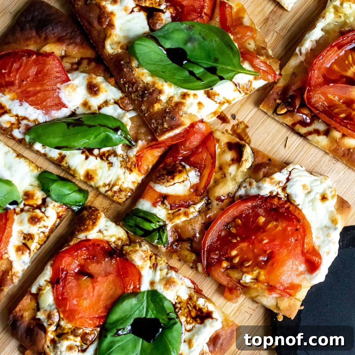 A close-up of a Margherita Flatbread on a cutting board, garnished with fresh basil, showcasing its simple yet rich flavors.