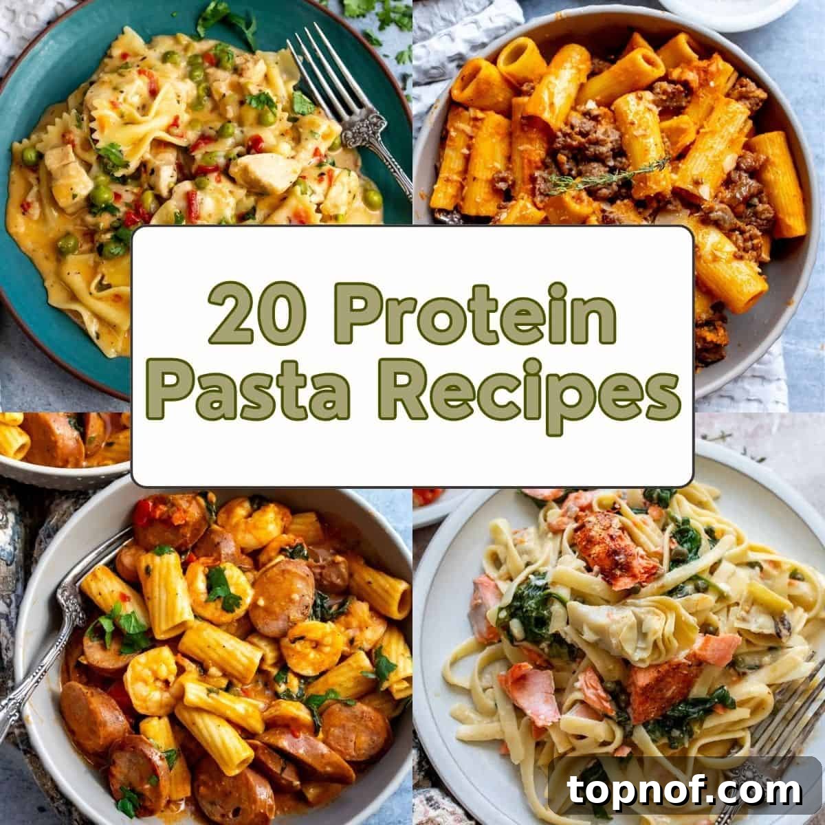 Protein-Packed Pasta: 20 Easy & Delicious Recipes 2 A vibrant collage of four diverse protein pasta recipes, with the bold title "20 Protein Pasta Recipes" prominently displayed in the center, inviting viewers to explore healthy and delicious meal options.