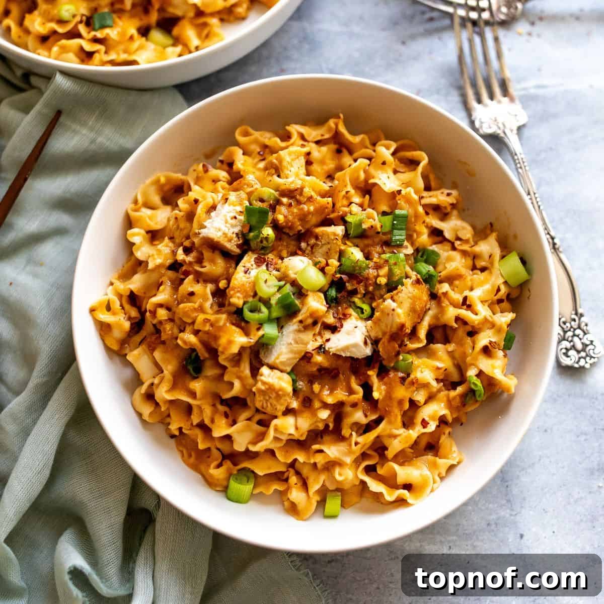 White ceramic bowls filled with rich peanut noodles, garnished with fresh green herbs and a silver fork on the side.
