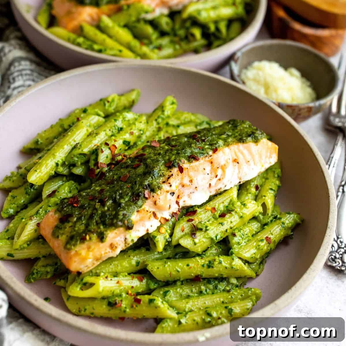 Pesto pasta generously topped with grilled salmon and grated Parmesan cheese.