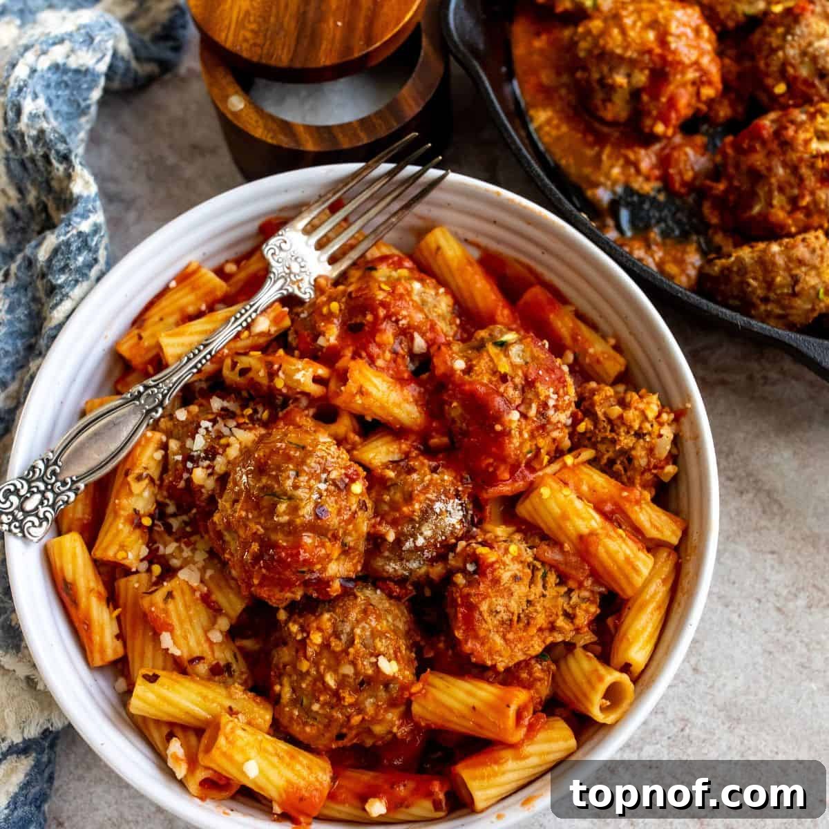 Close-up of perfectly browned Ground Turkey Meatballs, ready to be tossed with pasta and sauce.