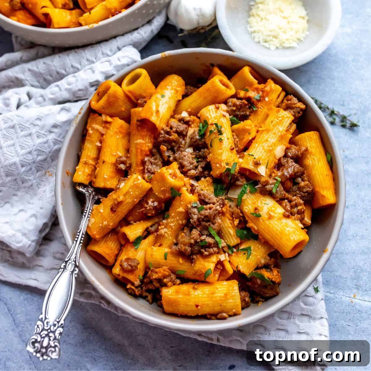Grey pottery bowl showcasing noodles generously coated in a creamy pumpkin sauce, served with a silver fork.