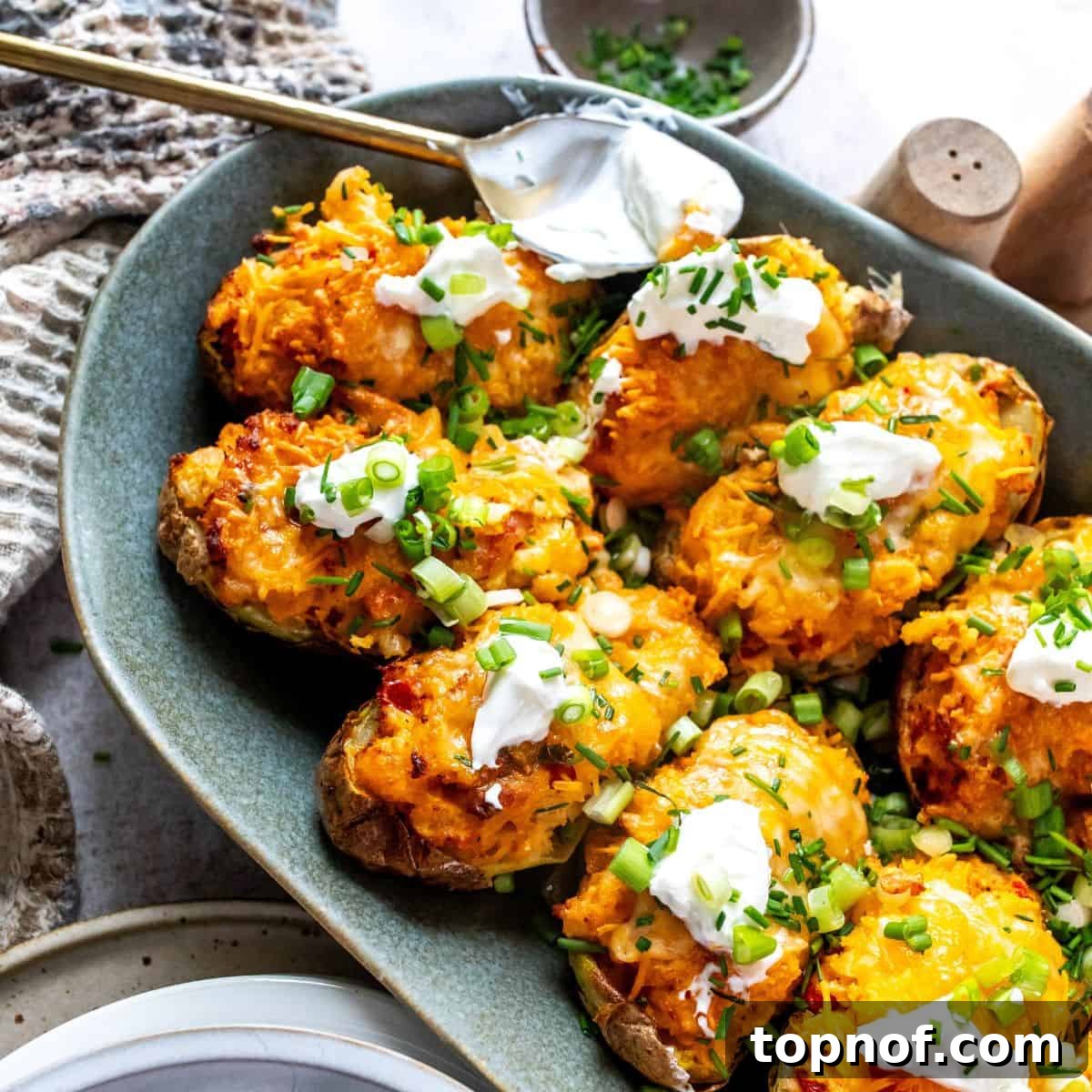 Green serving plate with Mediterranean Air Fryer Twice Baked Potatoes, topped with sour cream and chives.
