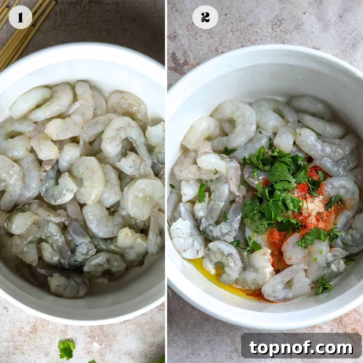 Oven-Kissed Shrimp Skewers 4 A step-by-step image showing cleaned, dried shrimp being placed into a mixing bowl for seasoning.
