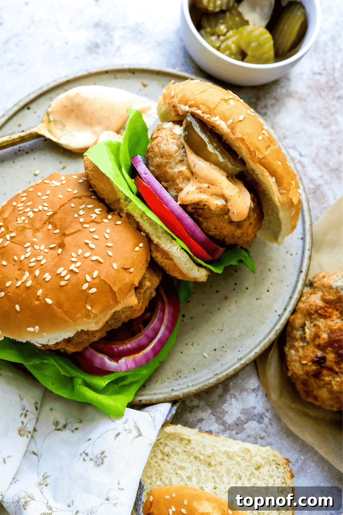 Blazing Chicken Burgers 2 Air fryer spicy chicken burgers elegantly arranged on a plate with a side of creamy chipotle aioli, garnished with fresh herbs.