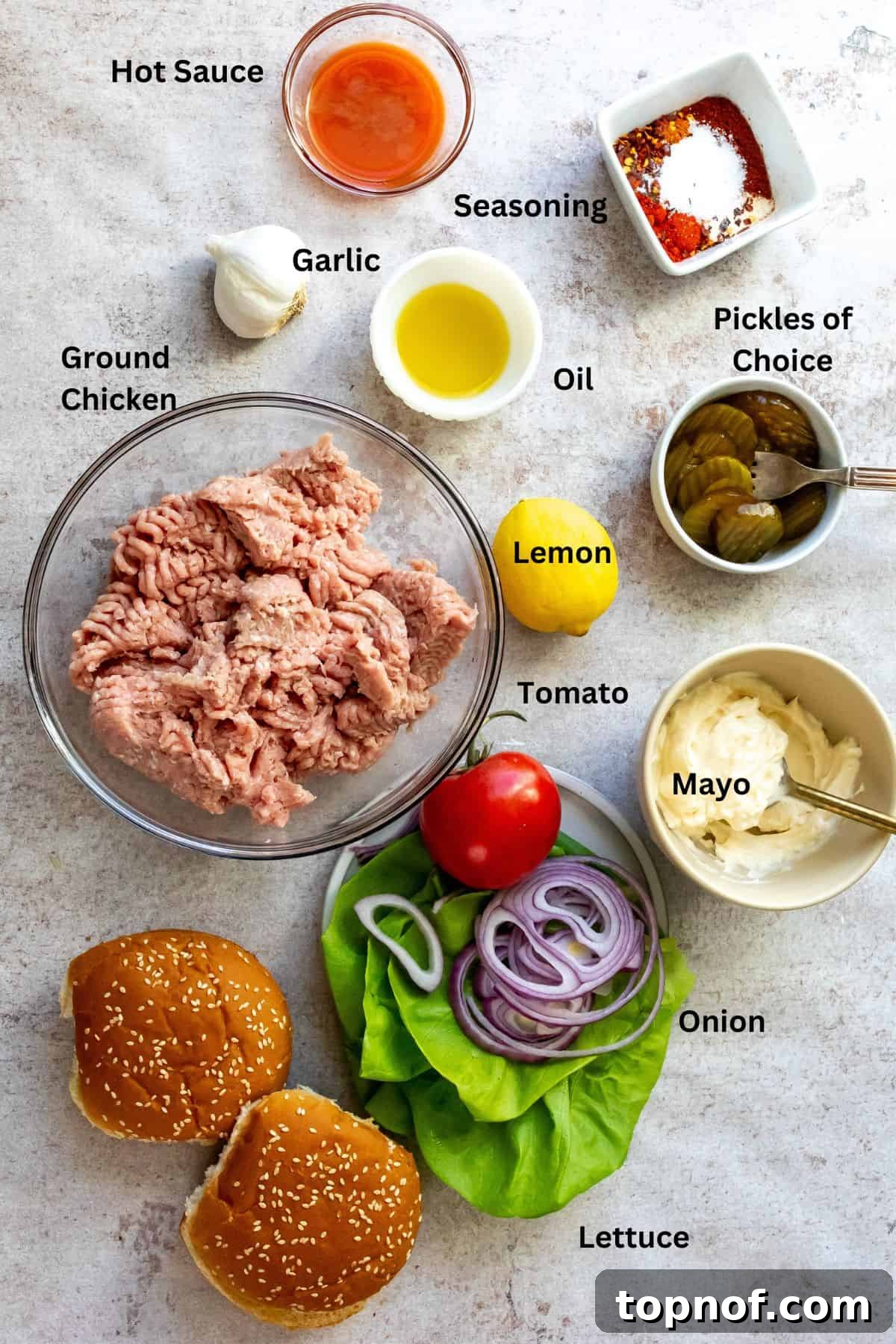 Blazing Chicken Burgers 3 A vibrant selection of ingredients laid out on a kitchen counter, ready to be transformed into delicious air fryer chicken burgers.
