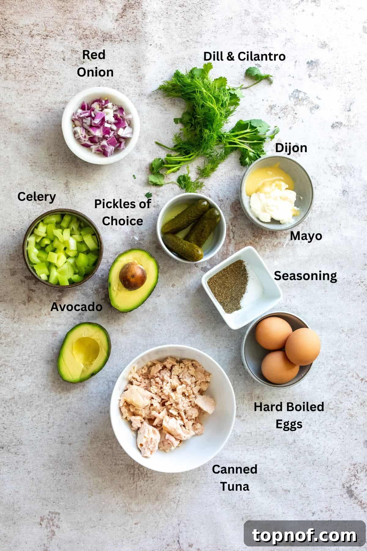 Creamy Tuna & Egg Fusion 3 A selection of fresh ingredients laid out on a kitchen counter, including canned tuna, hard-boiled eggs, fresh herbs, celery, and red onion, all ready for the recipe.