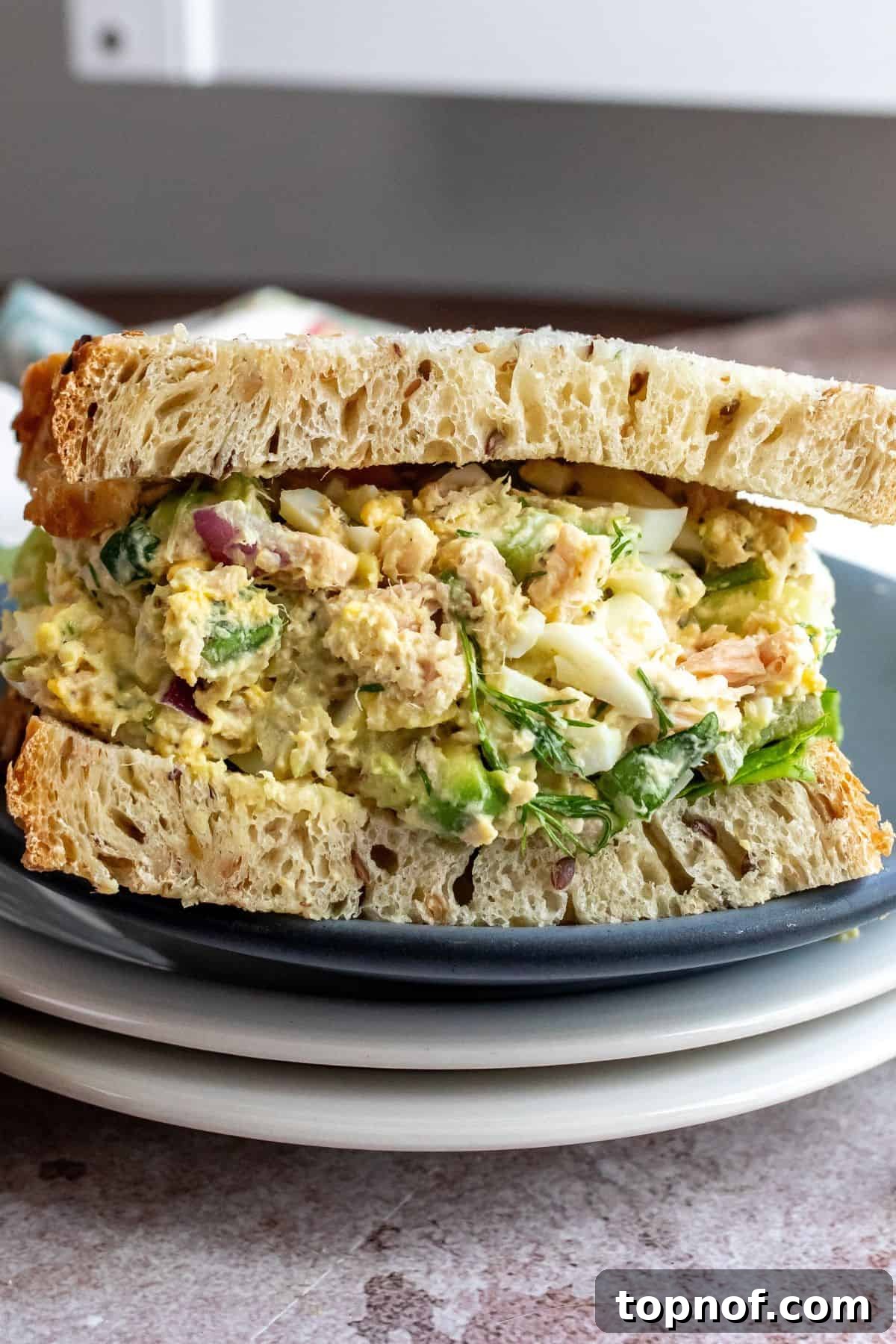 Creamy Tuna & Egg Fusion 5 A perfectly assembled Tuna and Egg sandwich, served on a grey plate with a side of fresh greens, showcasing its delicious appeal.