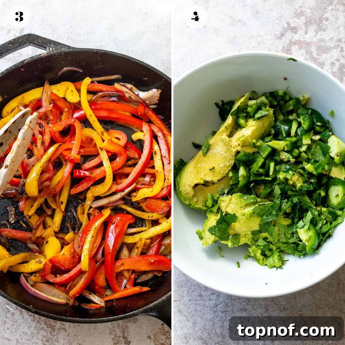 Hearty Steak and Rice Bowls 5 A large skillet on a stovetop, showing thinly sliced bell peppers and onions sizzling and charring, illustrating the cooking steps for the steak bowl toppings.