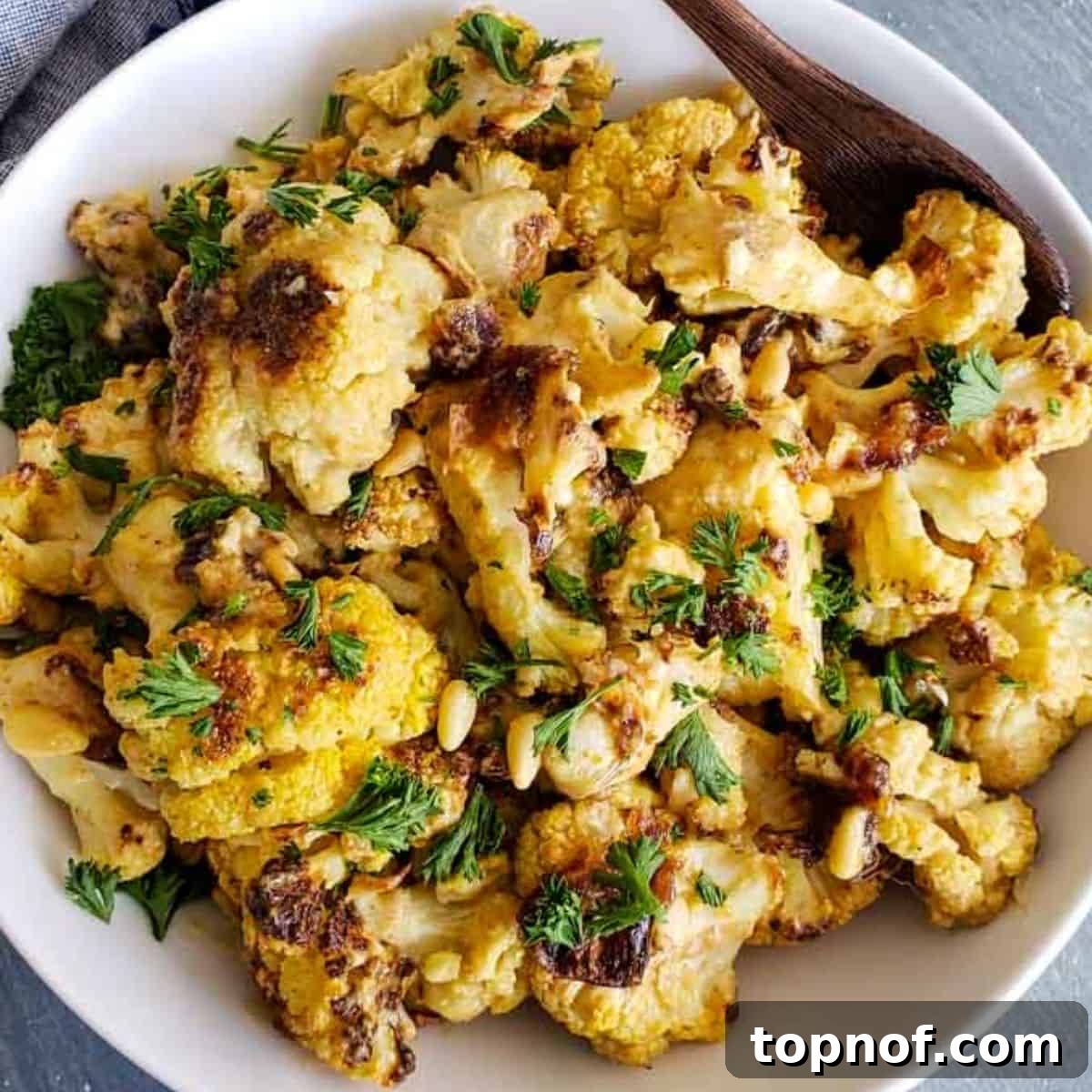Perfectly roasted Tahini Roasted Cauliflower, crispy and golden brown.