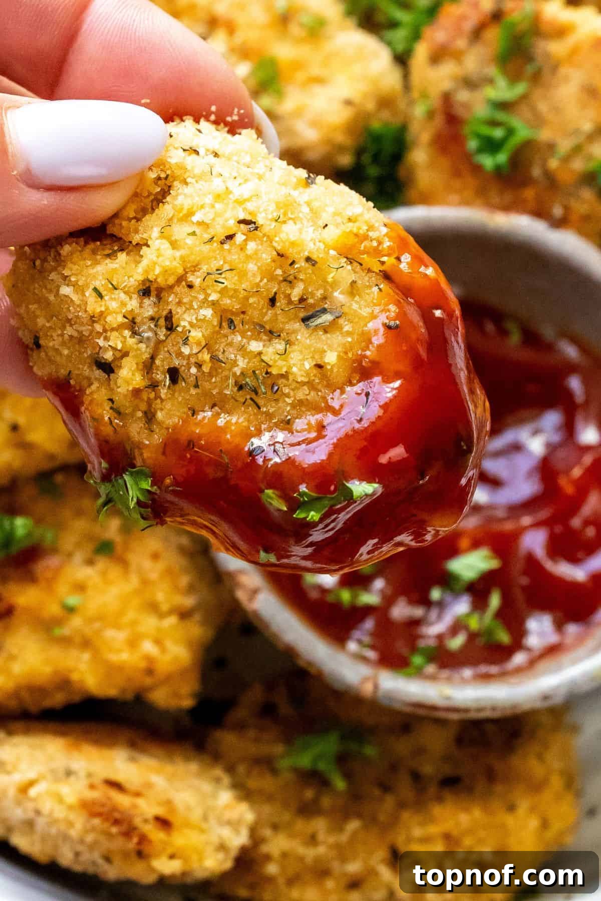 Delicious Ground Chicken Bites 6 Close-up shot of a golden brown homemade ground chicken nugget dipped in a dollop of ketchup, highlighting its crispy texture.