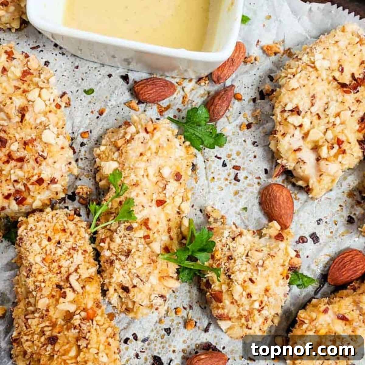 Crispy Cashew Crusted Chicken Tenders, golden brown and perfectly cooked.