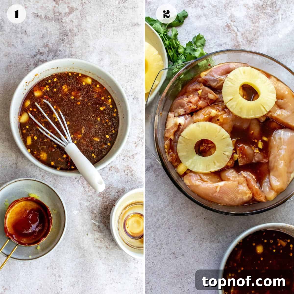 Aloha BBQ Chicken 4 Sequential steps showing the preparation of Hawaiian BBQ marinade in bowls and chicken thighs marinating in a glass bowl.