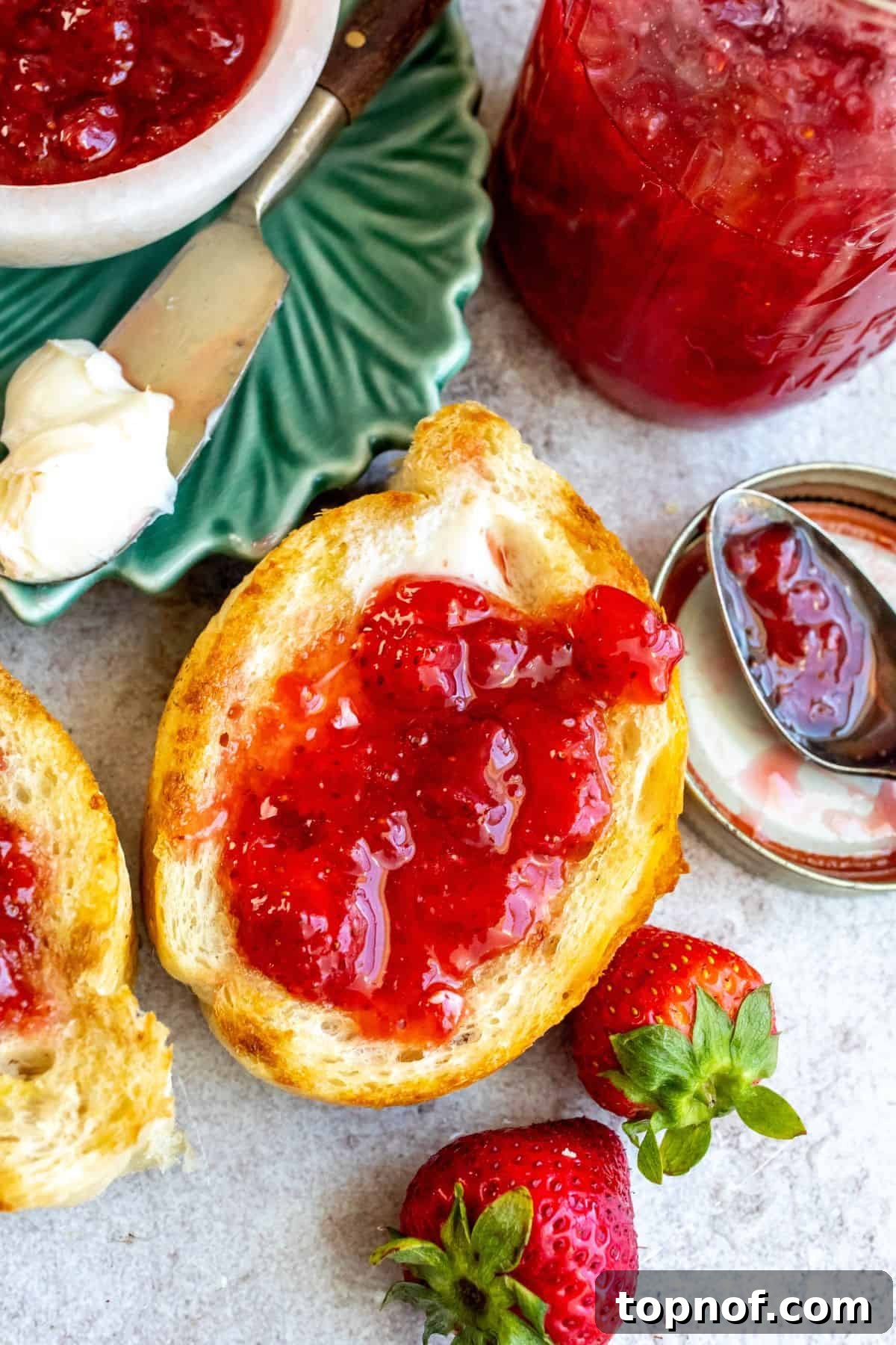 Delicious homemade strawberry jam spread generously on golden brown toast, with a rustic glass jar filled with the jam nestled beside it, all arranged on a white surface, evoking a comforting breakfast scene.
