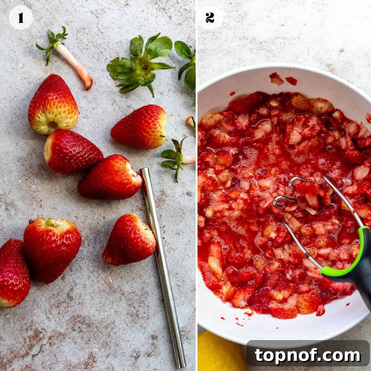A collage of two images showing the process of preparing strawberries for jam: fresh berries being hulled and then mashed in a white ceramic bowl using a potato masher, resulting in a delightfully chunky mixture.