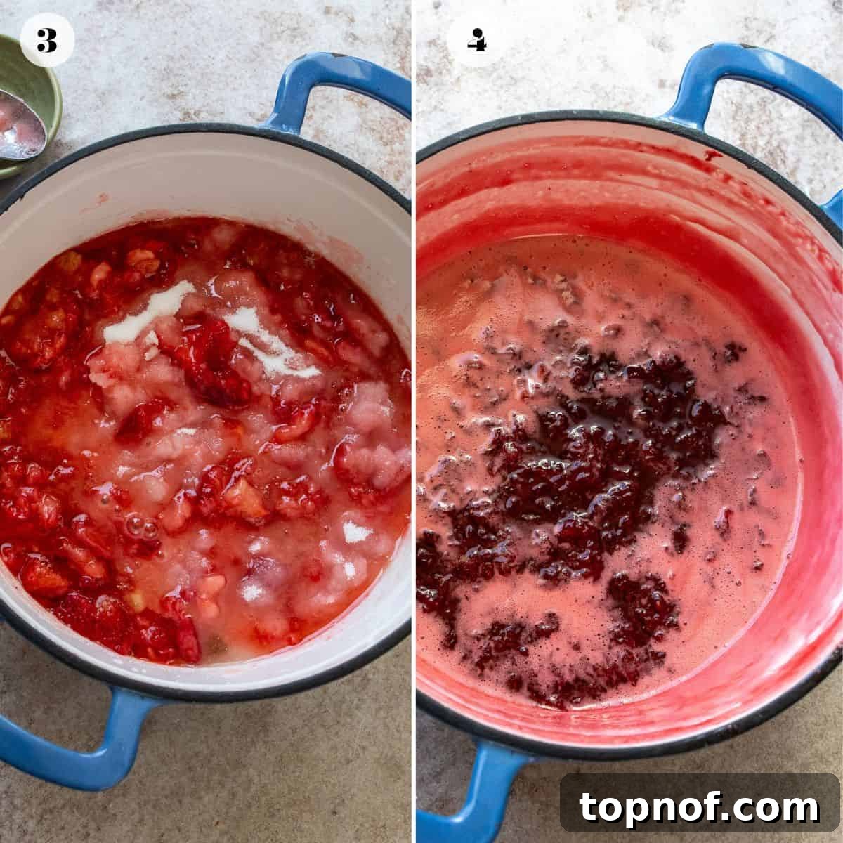 A collage of two images capturing the essence of homemade strawberry jam after reaching its boiling point, showcasing its rich, deep red color and thick, glossy texture, with a subtle wisp of steam rising.