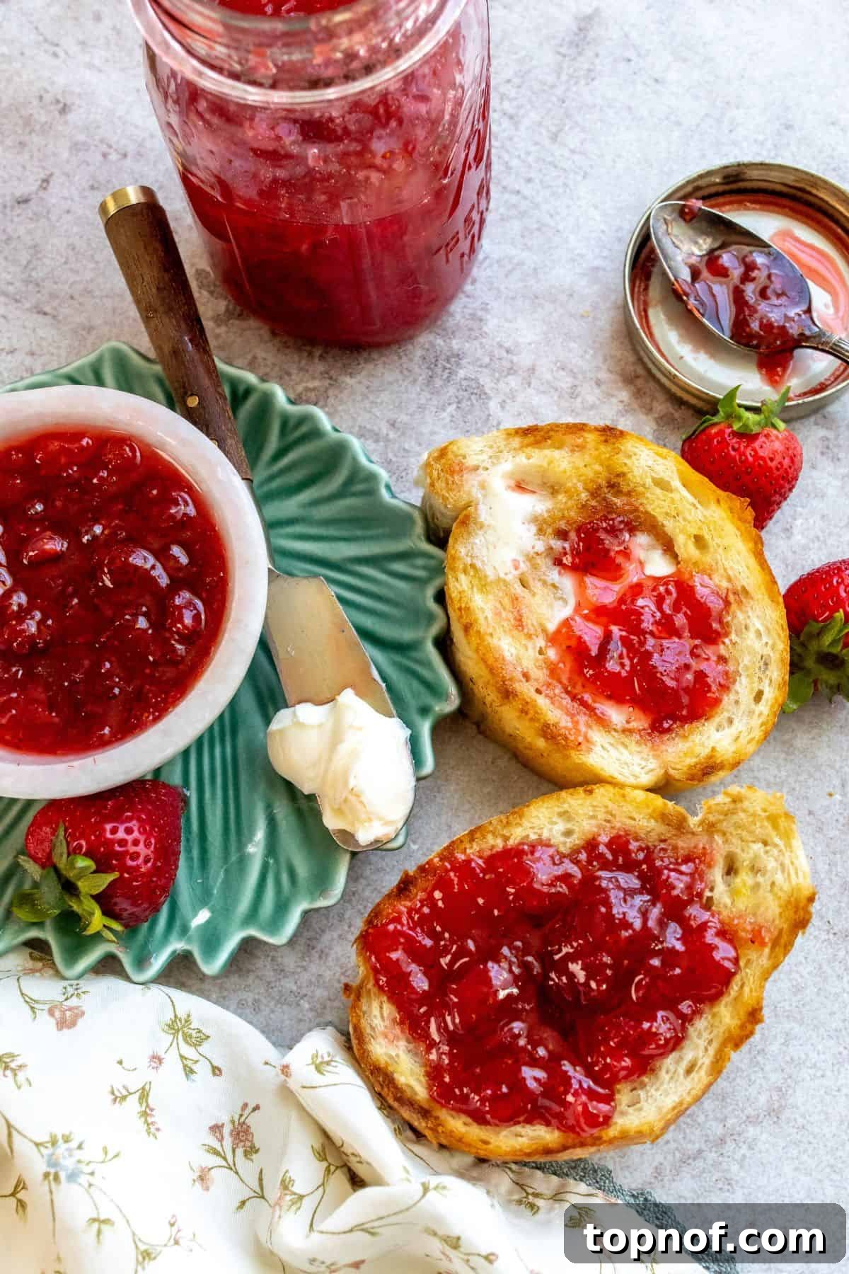 An inviting overhead image of luscious homemade strawberry jam spread generously on two slices of golden brown toast, presented next to a charming jar filled with the vibrant jam, poised for a delightful meal.