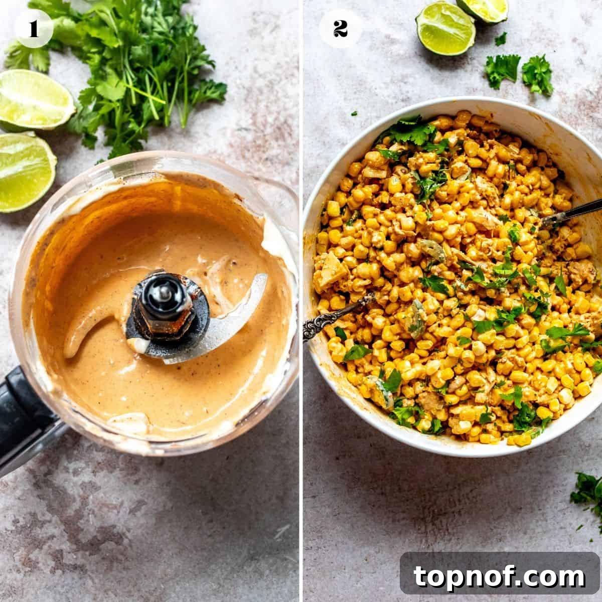 Creamy Elote Bake 4 A two-part image collage illustrating the initial steps of the recipe. The left side shows a vibrant, creamy sauce being blended to perfection in a small food processor, while the right side displays fresh, thawed corn kernels mixed with finely diced onions, jalapeños, and cilantro in a large mixing bowl, ready for the sauce.