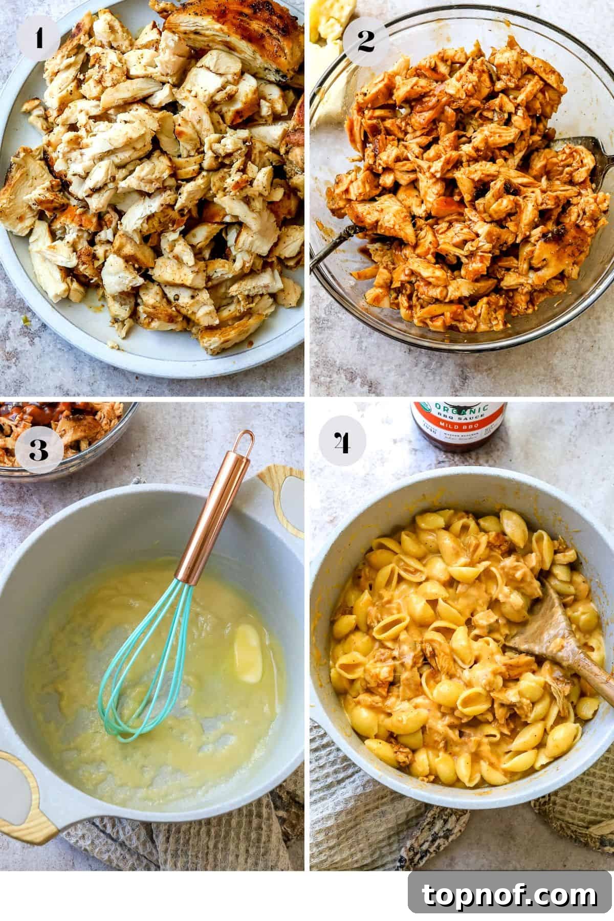 SMOKED BBQ CHICKEN MACARONI AND CHEESE 4 Sequential steps of the recipe shown, including cooked chicken with BBQ sauce, and cheese sauce being whisked in a large pot.