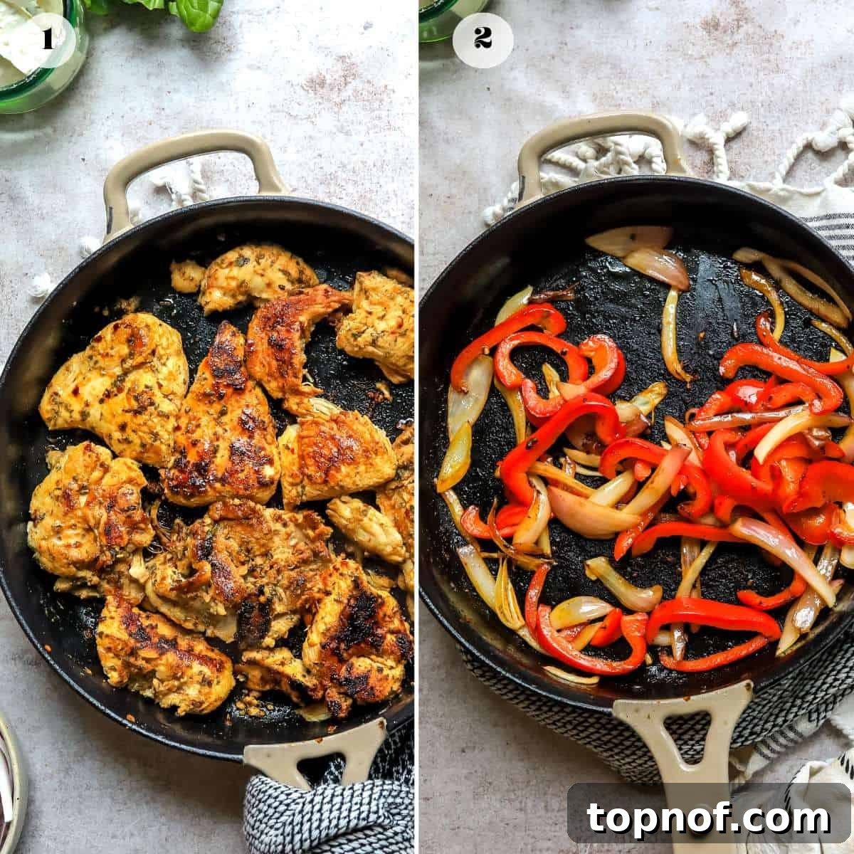 Vibrant Mediterranean Wraps 4 Marinating and cooking steps for Mediterranean chicken in a skillet, showcasing the process of preparing the main protein.