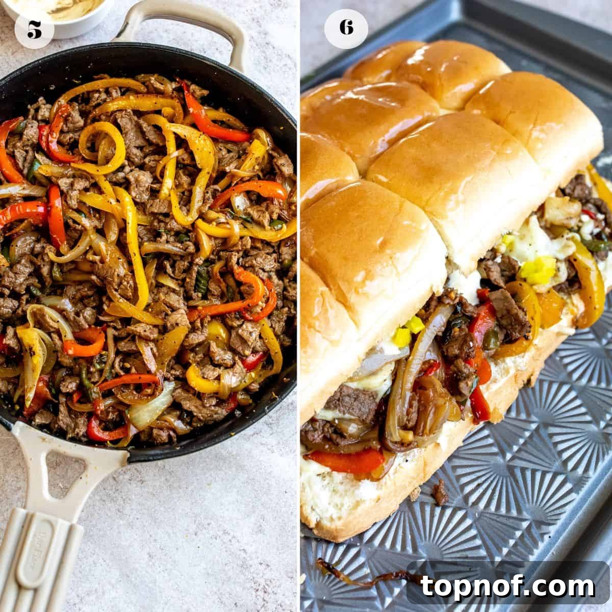 An image of preparing the philly cheesesteak sliders.