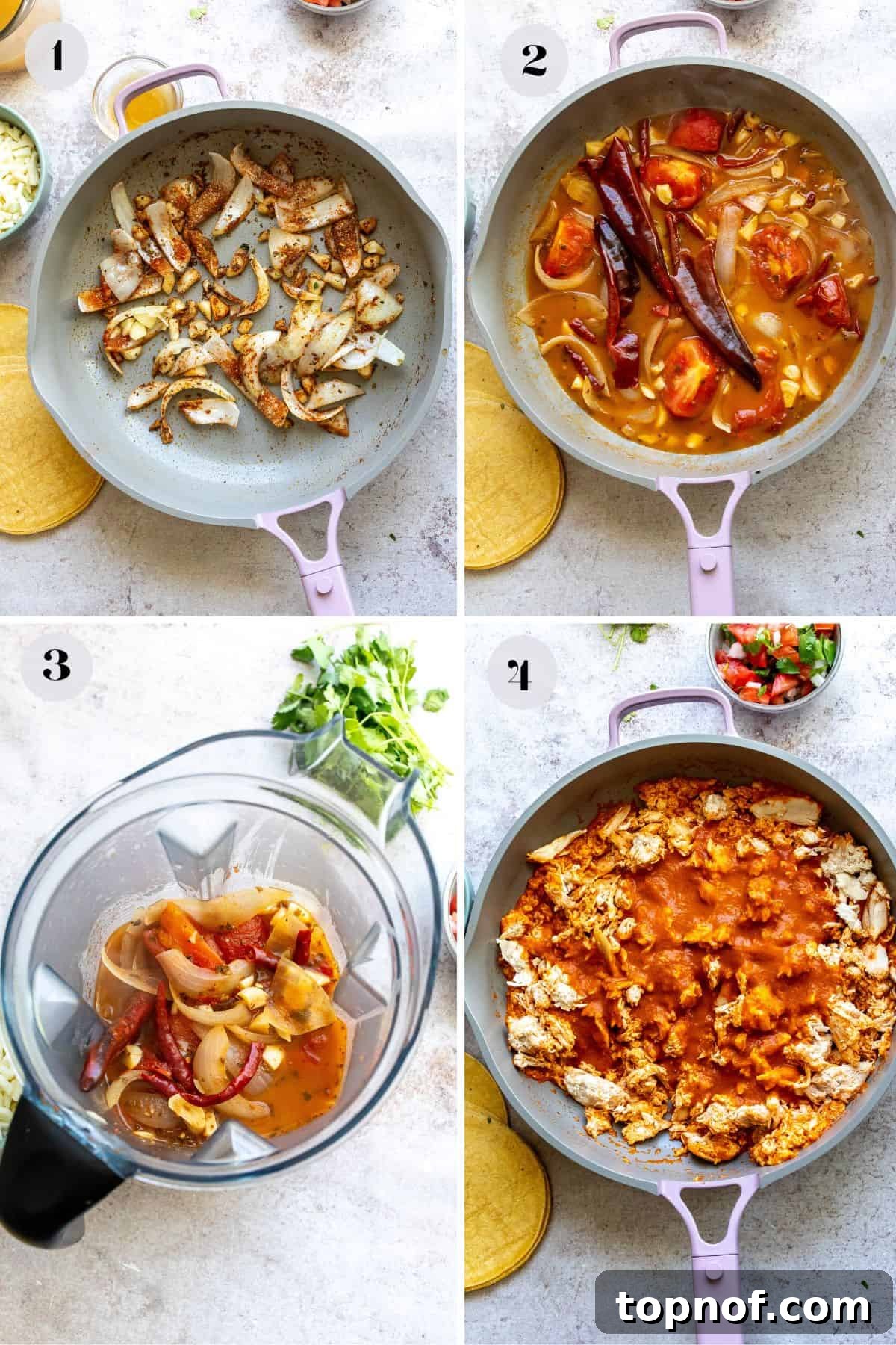 Mouthwatering Chicken Birria Tacos 4 A grey skillet filled with simmering vegetables, dried chiles, and broth, cooking down to form the rich birria sauce.